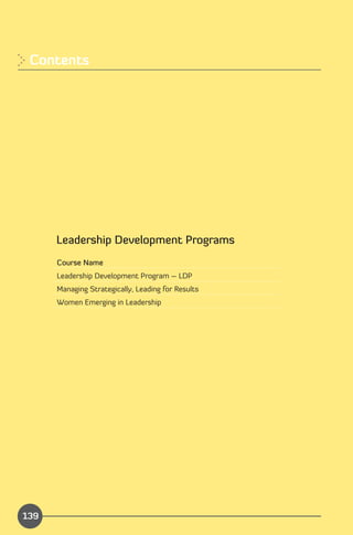 Contents





      Leadership Development Programs
      Course Name
      Leadership Development Program – LDP
      Managing Strategically, Leading for Results
      Women Emerging in Leadership




                                                    Index
139
 