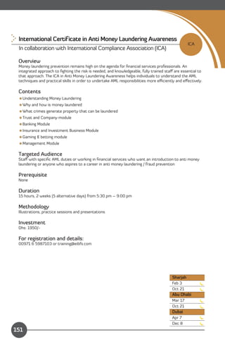 International Certificate in Anti Money Laundering Awareness

                                                                                                  ICA
 In collaboration with International Compliance Association (ICA)

 Overview
 Money laundering prevention remains high on the agenda for ﬁnancial services professionals. An
 integrated approach to ﬁghting the risk is needed, and knowledgeable, fully trained staﬀ are essential to
 that approach. The ICA in Anti Money Laundering Awareness helps individuals to understand the AML
 techniques and practical skills in order to undertake AML responsibilities more eﬃciently and eﬀectively.

 Contents
 Understanding Money Laundering
 Why and how is money laundered
 What crimes generate property that can be laundered
 Trust and Company module
 Banking Module
 Insurance and Investment Business Module
 Gaming & betting module
 Management Module

 Targeted Audience
 Staﬀ with speciﬁc AML duties or working in ﬁnancial services who want an introduction to anti money
 laundering or anyone who aspires to a career in anti money laundering / fraud prevention

 Prerequisite
 None

 Duration
 15 hours, 2 weeks (5 alternative days) from 5:30 pm – 9:00 pm

 Methodology
 Illustrations, practice sessions and presentations

 Investment
 Dhs: 1950/-

 For registration and details:
 00971 6 5987103 or training@eibfs.com




                                                                                        Sharjah
                                                                                        Feb 3
                                                                                        Oct 21
                                                                                        Abu Dhabi
                                                                                        Mar 17
                                                                                        Oct 21
                                                                                        Dubai
                                                                                        Apr 7 

               Content                                                                  Dec 8

151
 