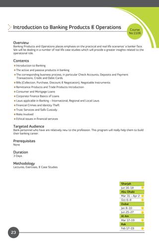 Introduction to Banking Products & Operations                                                   Course
                                                                                                No:1106


Overview
Banking Products and Operations places emphasis on the practical and real life scenarios’ a banker face.
We will be dealing in a number of real life case studies which will provide a greater insights related to the
operational role.

Contents
Introduction to Banking
The active and passive products in banking
 The corresponding business process, in particular Check Accounts, Deposits and Payment 

  Transactions, Credit and Debit Cards

Bills (Collection, Purchase, Discount & Negotiation), Negotiable Instruments
Remittance Products and Trade Products Introduction
Consumer and Mortgage Loans
Corporate Finance Basics of Loans
Laws applicable in Banking - International, Regional and Local Laws
Financial Crimes and Identity Theft
Trust Services and Safe Custody
Risks Involved
Ethical issues in ﬁnancial services

Targeted Audience
Bank personnel who have are relatively new to the profession. This program will really help them to build
their banking career.

Prerequisites
None

Duration
3 Days

Methodology
Lectures, Exercises, & Case Studies




                                                                                          Sharjah
                                                                                          Jun 16-18
                                                                                          Abu Dhabi
                                                                                          Mar 31 - Apr 2
                                                                                          Oct 6-8
                                                                                          Dubai
                                                                                          Jan 8-10
                                                                                          Jun 25-27
                                                                                          Al Ain
                                                                                          Mar 17-19
                                                                                          Rak
              Content                                                                     Feb 17-19
23
 