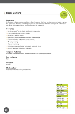 Retail Banking
                                                                             Course
                                                                                            No:1109


Overview
Understand and learn various products and services under the retail banking segment. Help to improve
the operational eﬃciency in handling the product and services by the retail banking staﬀ. Enhance the
marketing eﬀorts and read the trends in competitive marketing.

Contents
Fundamentals of personal and retail banking segments
KYC and account opening procedures
Importance of Due Diligence
Operational and management aspects of the segments
Consumer lending and small business banking
Mortgage lending
Channel marketing
Market practices and best practices and customer focus
Mystery Shopping and service standards

Targeted Audience
Customer Service oﬃcers and oﬃcers connected with functional operations

Prerequisites
None

Duration
2 Days

Methodology
Discussion, interactive and presentations




                                                                                     Sharjah
                                                                                     Apr 28-29
                                                                                     Jun 2-3
                                                                                     Abu Dhabi
                                                                                     Mar 3-4
                                                                                     May 26-27
                                                                                     Dubai
                                                                                     May 14-15
                                                                                     Dec 24-25
                                                                                     Al Ain
                                                                                     Dec 8-9
                                                                                     Fujairah
              Content                                                                Mar 31 -Apr 1
25
 