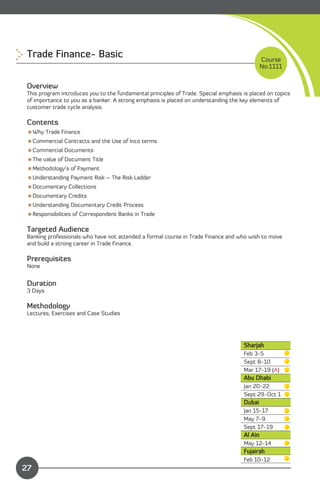 Trade Finance- Basic
                                                                         Course
                                                                                               No:1111


 Overview
 This program introduces you to the fundamental principles of Trade. Special emphasis is placed on topics
 of importance to you as a banker. A strong emphasis is placed on understanding the key elements of
 customer trade cycle analysis.

 Contents
 Why Trade Finance
 Commercial Contracts and the Use of Inco terms
 Commercial Documents
 The value of Document Title
 Methodology’s of Payment
 Understanding Payment Risk – The Risk Ladder
 Documentary Collections
 Documentary Credits
 Understanding Documentary Credit Process
 Responsibilities of Correspondent Banks in Trade

 Targeted Audience
 Banking professionals who have not attended a formal course in Trade Finance and who wish to move
 and build a strong career in Trade Finance.

 Prerequisites
 None


 Duration
 3 Days

 Methodology
 Lectures, Exercises and Case Studies




                                                                                      Sharjah
                                                                                      Feb 3-5
                                                                                      Sept 8-10
                                                                                      Mar 17-19 (A)
                                                                                      Abu Dhabi
                                                                                      Jan 20-22

                                                                                      Sept 29-Oct 1

                                                                                      Dubai
                                                                                      Jan 15-17 

                                                                                      May 7-9 

                                                                                      Sept 17-19 

                                                                                      Al Ain
                                                                                      May 12-14
                                                                                      Fujairah
               Content                                                                Feb 10-12
27
 