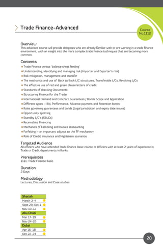 Trade Finance-Advanced
                                                                       Course
                                                                                              No:1112


Overview
This advanced course will provide delegates who are already familiar with or are working in a trade ﬁnance
environment, with an insight into the more complex trade ﬁnance techniques that are becoming more
common.

Contents
Trade Finance versus ‘balance sheet lending’
Understanding, identifying and managing risk (Importer and Exporter’s risk)
Risk mitigation, management and transfer
The mechanics and use of: Back to Back L/C structures, Transferable L/Cs, Revolving L/Cs
The eﬀective use of red and green clause letters of credit
Standards of checking Documents
Structuring Finance for the Trader
International Demand and Contract Guarantees / Bonds Scope and Application
Diﬀerent types – Bid, Performance, Advance payment and Retention bonds
Rules governing guarantees and bonds (Legal jurisdiction and expiry date issues)
Opportunity spotting
Standby L/C’s (SBLCs)
Receivables Financing
Mechanics of Factoring and Invoice Discounting
Forfeiting – an important adjunct to the TF mechanism
Role of Credit Insurance and Nightmare scenarios

Targeted Audience
All oﬃcers who have attended Trade ﬁnance Basic course or Oﬃcers with at least 2 years of experience in
Trade or Credit departments in Banks.

Prerequisites
1111: Trade Finance Basic

Duration
3 Days

Methodology
Lectures, Discussion and Case studies



 Sharjah
 March 3-4
 Sept 29-Oct 1
 Nov 10-12
 Abu Dhabi
 Mar 17-19
 Nov 24-26
 Dubai
 Apr 16-18
 Oct 22-24                                                                   Content
                                                                                                    28
 