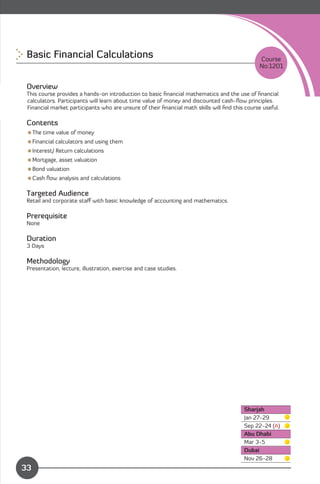 Basic Financial Calculations 
                                                                 Course
                                                                                                No:1201


 Overview
 This course provides a hands-on introduction to basic ﬁnancial mathematics and the use of ﬁnancial
 calculators. Participants will learn about time value of money and discounted cash-ﬂow principles.
 Financial market participants who are unsure of their ﬁnancial math skills will ﬁnd this course useful.

 Contents
 The time value of money
 Financial calculators and using them
 Interest/ Return calculations
 Mortgage, asset valuation
 Bond valuation
 Cash ﬂow analysis and calculations

 Targeted Audience
 Retail and corporate staﬀ with basic knowledge of accounting and mathematics.

 Prerequisite
 None

 Duration
 3 Days

 Methodology
 Presentation, lecture, illustration, exercise and case studies.




                                                                                         Sharjah
                                                                                         Jan 27-29
                                                                                         Sep 22-24 (A)
                                                                                         Abu Dhabi
                                                                                         Mar 3-5
                                                                                         Dubai
               Content                                                                   Nov 26-28
33
 
