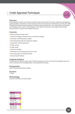 Credit Appraisal Techniques 
                                                                    Course
                                                                                                 No:1202


Overview
Credit Appraisal remains one of most critical functions of any bank. This course will give the participants a
good grounding in the basics of credit analysis and business evaluation. Participants can hone their skills
of going behind the ﬁnancial statements and detecting inconsistencies, if any. Participants will develop
the necessary skill to match credit facilities to the needs of borrowers and mitigate risks through
documentation, covenants and collateral security.

Contents
Basic principles of bank credit
Credit risk analysis through ratios and cash ﬂow analysis
Univariate and Multivariate analysis
Forecasting ﬁnancials and sensitivity analysis
Importance of Site Inspections
Credit scoring
Credit rating
Cash ﬂow lending
Evaluation of working capital and term loans
Ensuring proper use of bank facilities
Structuring of facilities

Targeted Audience
Commercial loan oﬃcers with at least 6 Months experience in the commercial credit department who
wish to enhance their knowledge about credit appraisal techniques

Prerequisites
1204: Financial Statements Analysis

Duration
3 Days

Methodology
Lectures, exercises, and case studies




 Sharjah
 Feb 3-5
 Jun 9-11
 Abu Dhabi
 Jan 27-29
 Jun 30- Jul 2
 Dubai
 Apr 16-18
                                                                              Content
 Nov 12-14
                                                                                                       34
 