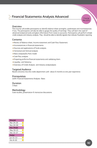 Financial Statements Analysis Advanced
                                                            Course
                                                                                                     No:1211


  Overview
  This Course will enable participants to identify balance sheet strengths, weaknesses and inconsistencies
  if any. The participants will also be able to gauge the quality of earnings. They will learn the used of
  advanced analytical tools and glean information from notes to accounts. Participants will perform simple
  credit analysis and industry analysis. They should be able to identify signals that indicate fraudulent reporting

  Contents
  Review of Balance sheet, Income statement and Cash Flow Statement
  Inconsistencies in ﬁnancial statements
  Sources and applications of funds analysis.
  Horizontal and Vertical analysis
  Ratio analyses/Du Pont model
  Cash ﬂow analysis
  Preparing proforma ﬁnancial statements and validating them.
  Liquidity and Solvency
  Overview of Credit Analysis and Industry analysisalysis

  Targeted Audience
  Recent entrants into the credit department with about 6 months to one year experience.

  Prerequisites
  1204: Financial Statements Analysis- Basic

  Duration
  3 days

  Methodology
  Case studies, presentation & interactive discussions




Sharjah
Mar 24-26
Nov 24-26
Abu Dhabi
May 19-21
Dec 15-17
Dubai
Jun 11-13
                                                                                   Content
Oct 8-10
                                                                                                            42
 