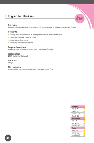 English for Bankers II
                                                                        Course
                                                                                               No:1303


Overview
To develop and expand skills in all aspects of English relating to banking, business and ﬁnance.

Contents
Reading and comprehension of banking vocabulary at an advanced level
Planning and writing business emails
Agreeing and disagreeing
Social and business expressions

Targeted Audience
This program is intended for those with a high level of English.

Prerequisite
1302: English for Bankers I

Duration
5 Days

Methodology
Presentations, discussions, class work, role-plays, audio CDs




                                                                                         Sharjah
                                                                                         Feb 3-7
                                                                                         May 5-9
                                                                                         Sep 29-Oct 3
                                                                                         Dec 8-12
                                                                                         Abu Dhabi
                                                                                         Feb 10-14
                                                                                         Jun 16-20
                                                                                         Nov 17-21
                                                                                         Dubai
                                                                                         Mar 3-7
                                                                                         Jun 23-27
              Content                                                                    Nov 24-28
49
 