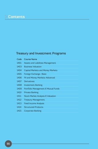 Contents





     Treasury and Investment Programs
     Code   Course Name
     1401   Assets and Liabilities Management
     1403   Business Valuation
     1404   Capital Markets and Money Markets
     1405   Foreign Exchange- Basic
     1406   FX and Money Markets-Advanced
     1407   Derivatives
     1408   Investment Banking
     1409   Portfolio Management & Mutual Funds
     1410   Private Banking
     1411   Stock Market Analysis & Valuation
     1412   Treasury Management
     1413   Fixed Income Analysis
     1414   Structured Products
     1415   Corporate Banking




                                                  Index
55
 