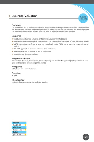 Business Valuation
                                                                          Course
                                                                                             No:1403


Overview
The course sets out to identify the rationale and scenarios for doing business valuations. It concentrates
on the diﬀerent valuation methodologies, used to assess the value of the business and, ﬁnally highlights
the sensitivity and scenario analysis, which is used to improve the base case valuation.

Contents
Introduction to business valuation and common valuation methodologies
Determining and reconciling free cash ﬂow with the consolidated statement of cash ﬂow value drivers
WACC: calculating the after-tax expected cost of debt, using CAPM to calculate the expected cost of
 equity
THE DCF approach to business valuation & its limitations
Terminal value and its impact on the DCF valuation
Sensitivity and Scenario Analyses

Targeted Audience
Oﬃcers from Treasury, Investments, Private Banking, and Wealth Management (Participants must have
good understanding of basic corporate ﬁnance)

Prerequisites
1201: Basic Financial Calculations

Duration
3 Days

Methodology
Lectures, illustrations, exercise and case studies.




 Sharjah
 Feb 10-12
 Abu Dhabi
 Mar 31 -Apr 2
 Dubai
                                                                             Content
 Jun 18-20
                                                                                                   58
 
