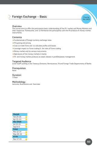 Foreign Exchange - Basic 
                                                                Course
                                                                                          No:1405


Overview
The course aims to oﬀer the participants basic understanding of the FX market and Money Markets and
their respective frameworks, and to familiarize the participants with the FX products & money market
instruments.

Contents
Fundamentals of foreign currency exchange rates
FX quoting and pricing
Cost to trade Forex and to calculate proﬁts and losses
Leverage impact on Forex trading & the risks of Forex trading
Money market and its various instruments
Operations of the money markets in banks
FX and money market products as asset classes in portfolio/asset management

Targeted Audience
Junior Staﬀ working in the Treasury Divisions, Remittances, FX and Foreign Trade Departments of Banks

Prerequisites
None

Duration
3 Days

Methodology
Lectures, Illustrations and Exercises




 Sharjah
 Feb 24-26

 Apr 21-23

 Abu Dhabi
 Jan 13-15 

 Sep 8-9 

 Dubai
 Mar 12-14
 May 28-30
 Al Ain
                                                                         Content
 Nov 17-19
                                                                                               60
 