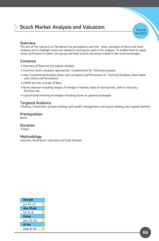 Stock Market Analysis and Valuation 
                                                        Course
                                                                                             No:1411


Overview
The aim of the course is to familiarize the participants with the basic concepts of stock and bond
analysis and to highlight tools and valuation techniques used in the analysis. To enable them to apply
these techniques to select the equity and ﬁxed income securities traded in the stock exchanges.

Contents
Overview of ﬁnancial and capital markets.
Common stock valuation approaches : Fundamental Vs. Technical analysis
How Fundamental Analysis deals with company's performances Vs. Technical Analysis which deals
 with charts and formations
CAPM and the concept of Beta
Bond valuation including impact of change in interest rates on bond prices, yield to maturity,
  Duration etc.
Typical bond investing strategies including active vs. passive strategies

Targeted Audience
Treasury, investment, private banking, and wealth management and anyone dealing with capital markets

Prerequisites
None

Duration
3 Days

Methodology
Lectures, Illustration, Exercises and Case Studies.




  Sharjah
  Jun 23-25
  Abu Dhabi
  Oct 6-8
  Dubai
  Nov 12-14
  Al Ain
                                                                             Content
  Sept 8-10
                                                                                                   66
 