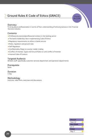 Ground Rules & Code of Ethics (GRACE) 
                                                     Course
                                                                                            No:1506


Overview
To bring about professionalism in terms of ﬁner understanding of ethical practices in the Financial
Services Industry.

Contents
Professional practices/professional conduct in the banking sector
The bank’s leadership role in implementing Code of Ethics
Regulatory requirements on ethics in banks service
Rules, regulation and ground rules
Self Regulation
Conﬁdentiality Steps to counter insider trading
Conﬂict of interest: Types and Ground Rules to curb conﬂict of Interest
Internal Code of Conduct

Targeted Audience
All bank staﬀ; speciﬁcally customer services department and operation departments

Prerequisite
None

Duration
1 Day

Methodology
Lectures, video ﬁlms, exercises and discussions




                                                                                        Sharjah
                                                                                        Sept 22
                                                                                        Abu Dhabi
                                                                                        Jun 2
                                                                                        Dubai
              Content                                                                   May 7
77
 