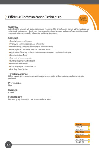 Eﬀective Communication Techniques 
                                                            Course
                                                                                               No:1603


 Overview
 Attending this program will assist participants in gaining skills for inﬂuencing others within meetings and
 other work environments. Participants will learn about body language and the diﬀerent social styles of
 communication necessary for inﬂuencing and impacting others.

 Contents
 Developing personal Impact
 The key to communicating more eﬀectively
 Understanding tools and techniques of communication
 Creating Impact with interpersonal communication
 Application of learning in the work environment to create the desired outcome.
 Communication Theory
 Overview of communication
 Building Rapport with the target
 Communication Types
 Body Language & Communication
 Role Play, Case Studies

 Targeted Audience
 Oﬃcers working in the customer service departments, sales, and receptionists and administrative
 personnel

 Prerequisite
 None

 Duration
 2 Days

 Methodology
 Lectures, group discussion, case studies and role plays




                                                                                          Sharjah
                                                                                          Feb 3-4
                                                                                          Nov 24-25
                                                                                          Abu Dhabi
                                                                                          Apr 21-22
                                                                                          Dubai
                                                                                          Jan 29-30

                Content                                                                   Oct 29-30

87
 