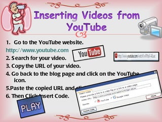 Go to the YouTube website.  http://www.youtube.com 2. Search for your video.  3. Copy the URL of your video.  4. Go back to the blog page and click on the YouTube icon. 5.Paste the copied URL and click on ‘YouTube’.  6. Then Click Insert Code. 