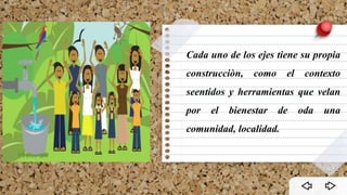 Cada uno de los ejes tiene su propia
construcciòn, como el contexto
seentidos y herramientas que velan
por el bienestar de oda una
comunidad, localidad.
 