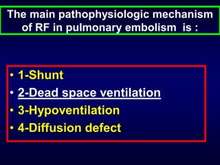 The main pathophysiologic mechanism
of RF in pulmonary embolism is :

•
•
•
•

1-Shunt
2-Dead space ventilation
3-Hypoventilation
4-Diffusion defect

 