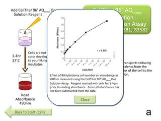 1-4hr 37°C Add CellTiter 96 ®  AQ ueous  One  Solution Reagent Read Absorbance 490nm Cells are not lysed so if color development is not to your liking, put back in incubator. MTS MTS formazan (soluble) PES reduced PES NADH NAD+ PES transports reducing equivalents from the interior of the cell to the exterior. a CellTiter 96 ®  AQ ueous One Solution Cell Proliferation Assay Cat. # G3580, G3581, G3582 Back to Start (Cell) Effect of B9 hybridoma cell number on absorbance at 490nm measured using the CellTiter 96® AQ ueous  One Solution Assay.  Reagent reacted with cells for 1 hour prior to reading absorbance.  Zero cell absorbance has not been substracted from the data. Close 