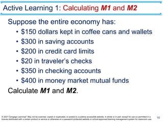 Active Learning 1: Calculating M1 and M2
Suppose the entire economy has:
• $150 dollars kept in coffee cans and wallets
• $300 in saving accounts
• $200 in credit card limits
• $20 in traveler’s checks
• $350 in checking accounts
• $400 in money market mutual funds
Calculate M1 and M2.
10
© 2021 Cengage Learning®. May not be scanned, copied or duplicated, or posted to a publicly accessible website, in whole or in part, except for use as permitted in a
license distributed with a certain product or service or otherwise on a password-protected website or school-approved learning management system for classroom use.
 