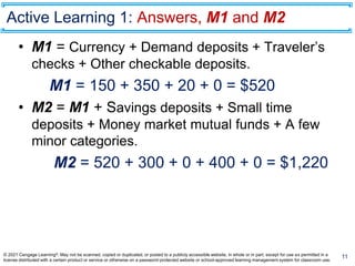 Active Learning 1: Answers, M1 and M2
11
• M1 = Currency + Demand deposits + Traveler’s
checks + Other checkable deposits.
M1 = 150 + 350 + 20 + 0 = $520
• M2 = M1 + Savings deposits + Small time
deposits + Money market mutual funds + A few
minor categories.
M2 = 520 + 300 + 0 + 400 + 0 = $1,220
© 2021 Cengage Learning®. May not be scanned, copied or duplicated, or posted to a publicly accessible website, in whole or in part, except for use as permitted in a
license distributed with a certain product or service or otherwise on a password-protected website or school-approved learning management system for classroom use.
 