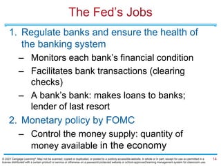 The Fed’s Jobs
1. Regulate banks and ensure the health of
the banking system
– Monitors each bank’s financial condition
– Facilitates bank transactions (clearing
checks)
– A bank’s bank: makes loans to banks;
lender of last resort
2. Monetary policy by FOMC
– Control the money supply: quantity of
money available in the economy
14
© 2021 Cengage Learning®. May not be scanned, copied or duplicated, or posted to a publicly accessible website, in whole or in part, except for use as permitted in a
license distributed with a certain product or service or otherwise on a password-protected website or school-approved learning management system for classroom use.
 