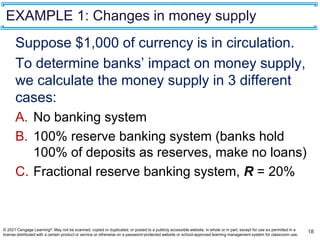 EXAMPLE 1: Changes in money supply
Suppose $1,000 of currency is in circulation.
To determine banks’ impact on money supply,
we calculate the money supply in 3 different
cases:
A. No banking system
B. 100% reserve banking system (banks hold
100% of deposits as reserves, make no loans)
C. Fractional reserve banking system, R = 20%
18
© 2021 Cengage Learning®. May not be scanned, copied or duplicated, or posted to a publicly accessible website, in whole or in part, except for use as permitted in a
license distributed with a certain product or service or otherwise on a password-protected website or school-approved learning management system for classroom use.
 