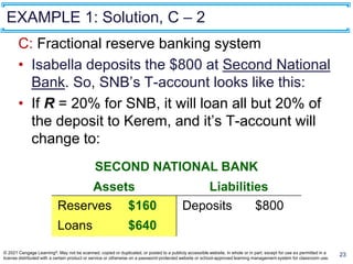 EXAMPLE 1: Solution, C – 2
23
C: Fractional reserve banking system
• Isabella deposits the $800 at Second National
Bank. So, SNB’s T-account looks like this:
• If R = 20% for SNB, it will loan all but 20% of
the deposit to Kerem, and it’s T-account will
change to:
SECOND NATIONAL BANK
Assets Liabilities
Reserves $800
Loans $ 0
Deposits $800
SECOND NATIONAL BANK
Assets Liabilities
Reserves $160
Loans $640
Deposits $800
© 2021 Cengage Learning®. May not be scanned, copied or duplicated, or posted to a publicly accessible website, in whole or in part, except for use as permitted in a
license distributed with a certain product or service or otherwise on a password-protected website or school-approved learning management system for classroom use.
 