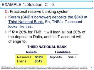 EXAMPLE 1: Solution, C – 3
24
C: Fractional reserve banking system
• Kerem (SNB’s borrower) deposits the $640 at
Third National Bank. So, TNB’s T-account
looks like this:
• If R = 20% for TNB, it will loan all but 20% of
the deposit to Dalia, and it’s T-account will
change to:
THIRD NATIONAL BANK
Assets Liabilities
Reserves $640
Loans $ 0
Deposits $640
THIRD NATIONAL BANK
Assets Liabilities
Reserves $128
Loans $512
Deposits $640
© 2021 Cengage Learning®. May not be scanned, copied or duplicated, or posted to a publicly accessible website, in whole or in part, except for use as permitted in a
license distributed with a certain product or service or otherwise on a password-protected website or school-approved learning management system for classroom use.
 