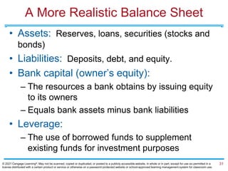 A More Realistic Balance Sheet
• Assets: Reserves, loans, securities (stocks and
bonds)
• Liabilities: Deposits, debt, and equity.
• Bank capital (owner’s equity):
– The resources a bank obtains by issuing equity
to its owners
– Equals bank assets minus bank liabilities
• Leverage:
– The use of borrowed funds to supplement
existing funds for investment purposes
31
© 2021 Cengage Learning®. May not be scanned, copied or duplicated, or posted to a publicly accessible website, in whole or in part, except for use as permitted in a
license distributed with a certain product or service or otherwise on a password-protected website or school-approved learning management system for classroom use.
 