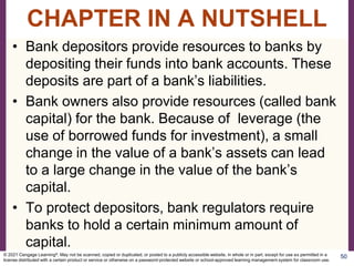 • Bank depositors provide resources to banks by
depositing their funds into bank accounts. These
deposits are part of a bank’s liabilities.
• Bank owners also provide resources (called bank
capital) for the bank. Because of leverage (the
use of borrowed funds for investment), a small
change in the value of a bank’s assets can lead
to a large change in the value of the bank’s
capital.
• To protect depositors, bank regulators require
banks to hold a certain minimum amount of
capital.
50
CHAPTER IN A NUTSHELL
© 2021 Cengage Learning®. May not be scanned, copied or duplicated, or posted to a publicly accessible website, in whole or in part, except for use as permitted in a
license distributed with a certain product or service or otherwise on a password-protected website or school-approved learning management system for classroom use.
 