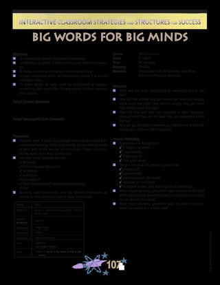 ©FranciscaSánchez,Revised2010
Interactive Classroom Strategies and Structures for SuccessInteractive Classroom Strategies and Structures for Success
107
Reflection
n	 What was the most challenging or rewarding part of this
task?
n	 How did this activity help you remember what you already
knew about the topic? How did this activity help you learn
new things about the topic?
n	 How did this task help you progress in your language
development? How did this task help you become a better
learner?
n	 How will you be able to use what you did/learned in this task
to help you in future learning tasks?
Process Debriefing
n	 Appreciation & Recognition
√	It helped me when . . .		
√	I appreciated . . .
√	Thank you for . . .			
√	I felt good when . . .
n	 Did you feel that the people in your class:
√	cooperated?
√	listened well?
√	communicated effectively?
√	included all members?
√	facilitated growth and learning for all members?
n	 What helped you/your group/the class succeed at the task?
What kept you/your group/the class from being as successful
as you would have liked?
n	 What might you/your group/the class try next time to be
more successful in a similar task?
big words for big minds
Source	 Jim Cummins
Grade	 K - Adult
Time	 40 minutes
Grouping	 Flexible
Materials	 Vocabulary Lists; Dictionaries and Other
	 Reference/Resource Materials
Objectives
n	 To expand and deepen vocabulary knowledge
n	 To introduce a variety of text resources and reference materi-
als
n	 To make a personal connection to new vocabulary
n	 To gain vocabulary while simultaneously linking it to a new
concept or idea
n	 To teach words as tools used to understand or express
something else, much like the way young children increase
their lexicon
Target Content Standards
Target Language/Culture Standards
Procedures
n	 Students work in pairs as language detectives to extend their
vocabulary learning. Either they identify the vocabulary words
to work with, or the teacher provides them. These could also
be key words from their content text.
n	 For each word, students identify:
3Meaning
3First Language Equivalent
3Synonyms
3Antonyms
3Examples of
3Form (Grammatical Category/Comparatives)
3Use
n	 Students add these words and the related information as
entries in their individual and/or class dictionaries.
		
WORD
Meaning
Spanish
(Or other L1)
Synonyms
Antonyms
Examples of
Form
Uses
BIG
large in dimensions, quantity, number
or amount
grande
large; huge
small
the sun; a house
adjective
big; bigger; biggest
Literal: I live in a big house. It has 5 bed-
rooms.
 