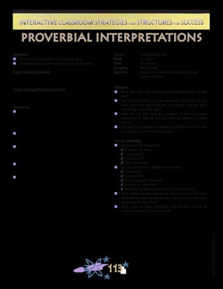 ©FranciscaSánchez,Revised2010
Interactive Classroom Strategies and Structures for SuccessInteractive Classroom Strategies and Structures for Success
113
Reflection
n	 What was the most challenging or rewarding part of this
task?
n	 How did this activity help you remember what you already
knew about the topic? How did this activity help you learn
new things about the topic?
n	 How did this task help you progress in your language
development? How did this task help you become a better
learner?
n	 How will you be able to use what you did/learned in this task
to help you in future learning tasks?
Process Debriefing
n	 Appreciation & Recognition
√	It helped me when . . .		
√	I appreciated . . .
√	Thank you for . . .			
√	I felt good when . . .
n	 Did you feel that the people in your class:
√	cooperated?
√	listened well?
√	communicated effectively?
√	included all members?
√	facilitated growth and learning for all members?
n	 What helped you/your group/the class succeed at the task?
What kept you/your group/the class from being as successful
as you would have liked?
n	 What might you/your group/the class try next time to be
more successful in a similar task?
proverbial interpretations
Source	 Francisca Sánchez
Grade	 3 - Adult
Time	 30 minutes
Grouping	 Whole Class
Materials	 Index Cards; Books of Proverbs, Sayings,
	 Famous Quotes
Objectives
n	 To use communication and listening skills
n	 To explore topics/learnings from new perspectives
Target Content Standards
Target Language/Culture Standards
Procedures
n	 Students are asked to think of a proverb, saying, or quote (in
any language) that best reflects some aspect of what they
have been studying (ex: attitude of a character; results of an
historical conflict; characteristic or importance of a scientific
breakthrough).
n	 When everyone has written down his/her proverb on an
index card, each student is asked to take his/her proverb and
mingle with the larger group.
n	 At a signal, students are asked to stop mingling and share
their proverb with the person standing closest to them. They
have a minute or two each to share their proverbs and explain
why they chose that saying.
n	 After they’ve had an opportunity to share, they’ll be given a
signal to “mingle” again, and the process will be repeated
several more times with new partners.
n	 After the mingling is done, students return to their tables/
desks and take a few minutes to share their proverbs and
any particularly interesting insights that emerged during, or
as a result of, their mingling.
 