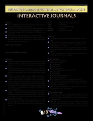 ©FranciscaSánchez,Revised2010
Interactive Classroom Strategies and Structures for SuccessInteractive Classroom Strategies and Structures for Success
118
Reflection
n	 What was the most challenging or rewarding part of this
task?
n	 How did this activity help you remember what you already
knew about the topic? How did this activity help you learn
new things about the topic?
n	 How did this task help you progress in your language
development? How did this task help you become a better
learner?
n	 How will you be able to use what you did/learned in this task
to help you in future learning tasks?
Process Debriefing
n	 Appreciation & Recognition
√	It helped me when . . .		
√	I appreciated . . .
√	Thank you for . . .			
√	I felt good when . . .
n	 Did you feel that the people in your class:
√	cooperated?
√	listened well?
√	communicated effectively?
√	included all members?
√	facilitated growth and learning for all members?
n	 What helped you/your group/the class succeed at the task?
What kept you/your group/the class from being as successful
as you would have liked?
n	 What might you/your group/the class try next time to be
more successful in a similar task?
Source	 Barbara Flores and Kevin Clark
Grade	 Pre K - Adult
Time	 15-20 minutes per day
Grouping	 Individual
Materials	 Journals, Pens, Pencils
Objectives
n	 To use and experience literacy in its function and process as
real communication for real purposes
n	 To establish an authentic social context where teachers and
students use print to communicate and exchange ideas
n	 To develop literacy and other language skills (fluency and
accuracy)
n	 To experiment with language in a meaningful context
n	 To hypothesize about the nature of print by appropriating the
strategies students have seen used by proficient language
users throughout the theme cycle
Target Content Standards
Target Language/Culture Standards
Procedures
n	 Students create their own personal journals. Teacher allows
students to select the kind of paper they want to use, what
they want to write with, and how they want to decorate the
journal.
n	 Teacher establishes the priority of the journals by scheduling
a consistent time each day for journal writing, by responding
regularly to the students, and by encouraging them to take
risks.
n	 Students are responsible for self-selecting topics. In the begin-
ning, the teacher can assist students in topic selection, but
students must know that ultimately it is their responsibility.
n	 Students write for 15-20 minutes each day, dating each entry.
They may respond to experiences in or out of school or explore
ideas and curiosities in their journal. Students are encouraged
to risk-take in topic selection as well as both mechanics and
invented spelling.
n	 Students write in the journal using whatever form of writing
they can. The student then reads what s/he has written to
the teacher (or aide or another proficient writer). This person
then responds in writing to the student, using authentic and
meaningful language.
n	 Teachers authentically interact with each child for each entry
by modeling and/or sharing. The teacher’s written response
should be an authentic one rather than a “teacher talk” re-
sponse.
interactive journals
Procedures (continued)
n 	 The teacher models conventional usage in his/her written
and oral responses. The journal is not for correction and overt
lessons on spelling and grammar. It is for authentic written
communication.
n	 Teachers can use the journal for a variety of purposes,
including encouragement, discussion of class topics, and
for evaluating and assessing students’ developing control of
written language.
 