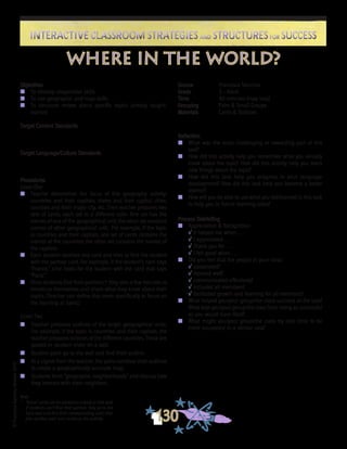 ©FranciscaSánchez,Revised2010
Interactive Classroom Strategies and Structures for SuccessInteractive Classroom Strategies and Structures for Success
130
Reflection
n	 What was the most challenging or rewarding part of this
task?
n	 How did this activity help you remember what you already
knew about the topic? How did this activity help you learn
new things about the topic?
n	 How did this task help you progress in your language
development? How did this task help you become a better
learner?
n	 How will you be able to use what you did/learned in this task
to help you in future learning tasks?
Process Debriefing
n	 Appreciation & Recognition
√	It helped me when . . .		
√	I appreciated . . .
√	Thank you for . . .			
√	I felt good when . . .
n	 Did you feel that the people in your class:
√	cooperated?
√	listened well?
√	communicated effectively?
√	included all members?
√	facilitated growth and learning for all members?
n	 What helped you/your group/the class succeed at the task?
What kept you/your group/the class from being as successful
as you would have liked?
n	 What might you/your group/the class try next time to be
more successful in a similar task?
Objectives
n	 To develop cooperative skills
n	 To use geographic and map skills
n	 To structure review about specific topics already taught/
learned
Target Content Standards
Target Language/Culture Standards
Procedures
Level One
n	 Teacher determines the focus of this geography activity:
countries and their capitals; states and their capital cities;
counties and their major city, etc. Then teacher prepares two
sets of cards, each set in a different color. One set has the
names of one of the geographical unit; the other set contains
names of other geographical unit. For example, if the topic
is countries and their capitals, one set of cards contains the
names of the countries; the other set contains the names of
the capitals.
n	 Each student receives one card and tries to find the student
with the partner card. For example, if the student’s card says
“France,” s/he looks for the student with the card that says
“Paris.”
n	 Once students find their partners,* they take a few minutes to
introduce themselves and share what they know about their
topics. (Teacher can define this more specifically to focus on
the learning at hand.)
Level Two
n	 Teacher prepares outlines of the larger geographical units.
For example, if the topic is countries and their capitals, the
teacher prepares outlines of the different countries. These are
posted in random order on a wall.
n	 Student pairs go to the wall and find their outline.
n	 At a signal from the teacher, the pairs combine their outlines
to create a geographically-accurate map.
n	 Students form “geographic neighborhoods” and discuss how
they interact with their neighbors.
Source	 Francisca Sánchez
Grade	 3 - Adult
Time	 40 minutes (may vary)
Grouping	 Pairs & Small Groups
Materials	 Cards & Outlines
where in the world?
Note
*	 “Extra” cards can be posted on a back or side wall.
If students can’t find their partner, they go to the
back wall and find their corresponding card, then
join another pair and continue the activity.
 