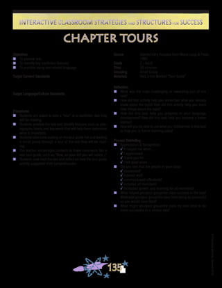©FranciscaSánchez,Revised2010
Interactive Classroom Strategies and Structures for SuccessInteractive Classroom Strategies and Structures for Success
135
Reflection
n	 What was the most challenging or rewarding part of this
task?
n	 How did this activity help you remember what you already
knew about the topic? How did this activity help you learn
new things about the topic?
n	 How did this task help you progress in your language
development? How did this task help you become a better
learner?
n	 How will you be able to use what you did/learned in this task
to help you in future learning tasks?
Process Debriefing
n	 Appreciation & Recognition
√	It helped me when . . .		
√	I appreciated . . .
√	Thank you for . . .			
√	I felt good when . . .
n	 Did you feel that the people in your class:
√	cooperated?
√	listened well?
√	communicated effectively?
√	included all members?
√	facilitated growth and learning for all members?
n	 What helped you/your group/the class succeed at the task?
What kept you/your group/the class from being as successful
as you would have liked?
n	 What might you/your group/the class try next time to be
more successful in a similar task?
chapter tours
Objectives
n	 To preview text
n	 To identify key nonfiction features
n	 To practice using text-related language
Target Content Standards
Target Language/Culture Standards
Procedures
n	 Students are asked to take a “tour” of a nonfiction text they
will be reading.
n	 Students preview the text and identify features such as pho-
tographs, labels, and key words that will help them determine
what is important.
n	 Students take turns putting on the tour guide hat and leading
a small group through a tour of the text they will be read-
ing.
n	 The teacher encourages students to make comments like a
real tour guide, such as, “Now, on your left you will notice ...“
n	 Students now read the text and reflect on how the tour guide
activity supported their comprehension.
	
Source	 Valerie Ellery, Adapted from Wood, Lapp, & Flood,
1992
Grade	 2 - Adult
Time	 30 minutes
Grouping	 Small Group
Materials	 Text, a Hat Marked “Tour Guide”
 