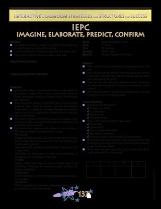 ©FranciscaSánchez,Revised2010
Interactive Classroom Strategies and Structures for SuccessInteractive Classroom Strategies and Structures for Success
137
Reflection
n	 What was the most challenging or rewarding part of this
task?
n	 How did this activity help you remember what you already
knew about the topic? How did this activity help you learn
new things about the topic?
n	 How did this task help you progress in your language
development? How did this task help you become a better
learner?
n	 How will you be able to use what you did/learned in this task
to help you in future learning tasks?
Process Debriefing
n	 Appreciation & Recognition
√	It helped me when . . .		
√	I appreciated . . .
√	Thank you for . . .			
√	I felt good when . . .
n	 Did you feel that the people in your class:
√	cooperated?
√	listened well?
√	communicated effectively?
√	included all members?
√	facilitated growth and learning for all members?
n	 What helped you/your group/the class succeed at the task?
What kept you/your group/the class from being as successful
as you would have liked?
n	 What might you/your group/the class try next time to be
more successful in a similar task?
iepc
imagine, elaborate, predict, confirm
Objectives
n	 To motivate students’ interest in reading while enhancing
comprehension and descriptive writing
n	 To focus students on important elements in a story or text
n	 To increase retention of what students have read
Target Content Standards
Target Language/Culture Standards
Procedures
n	 The teacher selects material with content appropriate for
developing imagery. This includes trade books, literature
books, newspaper excerpts, or content area or informational
text selections.
n	 Next, the teacher displays a blank IEPC form on an overhead
projector, chart, board, or handout and tells the students
they’re going to engage in a strategy designed to encourage
them to use their imaginations to create pictures they can
see in their minds.
n	 The teacher explains that making pictures or images before,
during, and after reading will help students understand and
remember what they read.
n	 The teacher then explains and models the four phases of
IEPC, before engaging students in the activity:
	 PREREADING
	 Imagining: Close your eyes and imagine the scene, character,
and/or events. What do you see, feel, hear, smell? Share your
thinking with a partner.
	 Elaborating: Tell, describe, or give details of what you “see”
in your mind.
	 Predicting: Use these ideas to make some predictions or
guesses about the passages to be read.
	 READING
	 Making notes: Write down or make a mental note of key
information while you are reading to match or refute the
original predictions.
	 POSTREADING
	 Confirming: Read to confirm or change your predictions about
the passage
	 FOLLOW UP
	 Writing: Use what you have been imagining, thinking, feeling,
and creating to write descriptively.
Source	 Karen Wood/Clare Endres
Grade	 2 - Adult
Time	 60 minutes +
Grouping	 Whole Class
Materials	 Reading Selection; IEPC form
I E	 P	 C	
 