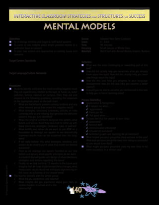 ©FranciscaSánchez,Revised2010
Interactive Classroom Strategies and Structures for SuccessInteractive Classroom Strategies and Structures for Success
140
Reflection
n	 What was the most challenging or rewarding part of this
task?
n	 How did this activity help you remember what you already
knew about the topic? How did this activity help you learn
new things about the topic?
n	 How did this task help you progress in your language
development? How did this task help you become a better
learner?
n	 How will you be able to use what you did/learned in this task
to help you in future learning tasks?
Process Debriefing
n	 Appreciation & Recognition
√	It helped me when . . .		
√	I appreciated . . .
√	Thank you for . . .			
√	I felt good when . . .
n	 Did you feel that the people in your class:
√	cooperated?
√	listened well?
√	communicated effectively?
√	included all members?
√	facilitated growth and learning for all members?
n	 What helped you/your group/the class succeed at the task?
What kept you/your group/the class from being as successful
as you would have liked?
n	 What might you/your group/the class try next time to be
more successful in a similar task?
mental models
Objectives
n	 To challenge thinking and begin to shift belief systems
n	 To come to new insights about what’s possible relative to a
particular issue or concern
n	 To plan new actions and approaches to existing issues and
concerns
Target Content Standards
Target Language/Culture Standards
Procedures
n	 Students identify and name the most troubling negative result
they are experiencing relative to the topic at hand, i.e., water
pollution, famine, violence on campus. Then, they ask and
respond to the following questions, recording the responses
in the appropriate place on the wall chart:
√	 What are the behavior patterns among students and any
other relevant group that create this negative result?
√	 What strategies, structures, processes, policies, or rules
currently exist or are missing that generate the behavior
patterns that you just identified?
√	 When the original architects designed this system, what
beliefs and values must they have had to come up with
these structures, strategies, processes, rules, or policies?
√	 What beliefs and values do we want to use NOW as a
foundation to redesign our system to see dramatically
improved results that can be sustained over the long-
term?
√	 If we really believe this, what strategies, solutions, and
actions do we need to put in place that model our desired
outcomes?
√	 Then as we redesign our system founded on our new
beliefs and values, what specific principles do we want
	 to establish that will guide us in design of all our decisions,
strategies, and actions regarding this issue?
√	 Finally, as we look out 6 to 12 months in the future and
imagine that we have implemented these changes, what
measurable results would we anticipate experiencing on
this issue as outcomes of our shared work?
n	 The teacher debriefs with the whole group:
√	 What did you experience and observe?
√	 What insights did you experience about your roles as
student leaders in school and in the
	 community?
Source	 Adapted from Steve Zuieback
Grade	 6 - Adult
Time	 90 minutes
Grouping	 Small Groups or Whole Class
Materials	 Wall Chart with Mental Models Graphic; Markers
 
