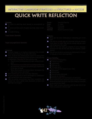 ©FranciscaSánchez,Revised2010
Interactive Classroom Strategies and Structures for SuccessInteractive Classroom Strategies and Structures for Success
142
Reflection
n	 What was the most challenging or rewarding part of this
task?
n	 How did this activity help you remember what you already
knew about the topic? How did this activity help you learn
new things about the topic?
n	 How did this task help you progress in your language
development? How did this task help you become a better
learner?
n	 How will you be able to use what you did/learned in this task
to help you in future learning tasks?
Process Debriefing
n	 Appreciation & Recognition
√	It helped me when . . .		
√	I appreciated . . .
√	Thank you for . . .			
√	I felt good when . . .
n	 Did you feel that the people in your class:
√	cooperated?
√	listened well?
√	communicated effectively?
√	included all members?
√	facilitated growth and learning for all members?
n	 What helped you/your group/the class succeed at the task?
What kept you/your group/the class from being as successful
as you would have liked?
n	 What might you/your group/the class try next time to be
more successful in a similar task?
quick write reflection
Objectives
n	 To reflect on what has been learned or accomplished so
far
n	 To record and document thoughts, learnings, ideas in writ-
ing
n	 To clarify thinking
Target Content Standards
Target Language/Culture Standards
Procedures
n	 Students engage in an inquiry or exploration that includes
sharing their thinking on the topic with others.
n	 Then, students work individually to capture in writing their
thoughts, ideas, and feelings at that moment in their learning
or exploration. They write for three minutes only.
√	 How did others’ thinking about the topic compare to your
own?
√	 Howdidthestructureofthelearningactivity/activitieshelp
you remember, articulate, and connect your experiences
to the topic at hand?
√	 What effect/impact did hearing others’ thinking on the
topic have on your own ideas?
n	 Then students pair up and share their reflections.
n	 As pairs, they also discuss what new insights or understand-
ings resulted from their conversations.
n	 After the paired conversations have been completed, the
teacher can have a whole class discussion to share new
learnings and insights.
Source	 Francisca Sánchez
Grade	 2 - Adult
Time	 3 minutes
Grouping	 Individual
Materials	 Student Journals or Logs
 