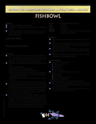©FranciscaSánchez,Revised2010
Interactive Classroom Strategies and Structures for SuccessInteractive Classroom Strategies and Structures for Success
144
Reflection
n	 What was the most challenging or rewarding part of this
task?
n	 How did this activity help you remember what you already
knew about the topic? How did this activity help you learn
new things about the topic?
n	 How did this task help you progress in your language
development? How did this task help you become a better
learner?
n	 How will you be able to use what you did/learned in this task
to help you in future learning tasks?
Process Debriefing
n	 Appreciation & Recognition
√	It helped me when . . .		
√	I appreciated . . .
√	Thank you for . . .			
√	I felt good when . . .
n	 Did you feel that the people in your class:
√	cooperated?
√	listened well?
√	communicated effectively?
√	included all members?
√	facilitated growth and learning for all members?
n	 What helped you/your group/the class succeed at the task?
What kept you/your group/the class from being as successful
as you would have liked?
n	 What might you/your group/the class try next time to be
more successful in a similar task?
fishbowl
Objectives
n	 To deepen and extend understanding
n	 To engage in conversation from which new learnings
emerge
n	 To identify next steps to engage a whole group in a conver-
sation inside of which new learning can emerge as well as
possible next steps.
Target Content Standards
Target Language/Culture Standards
Procedures
n	 A circle of chairs (6-14) is placed in the middle of the room.
This is surrounded by all other chairs to form concentric
circles. Two additional chairs are included in the center circle
(fishbowl) – an “empty chair” and a facilitator chair.
n	 A recorder and a facilitator are identified. The facilitator’s role
is to
√	Convene the Fishbowl.
√	Frame the outcomes of the process.
√	Establish the roles and rules of engagement.
√	Lead and manage the conversation through a series of
questions directed at deepening insight and building new
strategies and approaches.
√	Assure that the recorder is charting key responses by
category.
√	Summarize the work of the group and close the process.
n	 The facilitator invites students to self-select into the fishbowl
by inviting those people to the center who feel that they
have significant insights regarding the selected conversation
topic. These people form the inside fishbowl. All other people
surrounding the inner fishbowl will have an opportunity to
contribute by using the “empty chair”.
n	 The facilitator leads the conversation through a series of
areas of focus by asking directed questions. The objective is
to keep the energy flowing in the fishbowl and the group as
a whole. It is also essential that the facilitator and recorder
pre-arrange the areas to be charted and that the recorder
visually captures key responses by category. They can enlist
a couple of students to assist with the task if necessary.
Source	 Adapted from Steve Zuieback
Grade	 3 - Adult
Time	 45 minutes
Grouping	 Whole Group
Materials	 Facilitator’s Questions (To be developed by the
teacher and/or students)
 