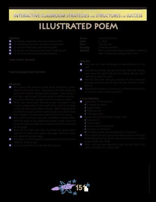 ©FranciscaSánchez,Revised2010
Interactive Classroom Strategies and Structures for SuccessInteractive Classroom Strategies and Structures for Success
151
Reflection
n	 What was the most challenging or rewarding part of this
task?
n	 How did this activity help you remember what you already
knew about the topic? How did this activity help you learn
new things about the topic?
n	 How did this task help you progress in your language
development? How did this task help you become a better
learner?
n	 How will you be able to use what you did/learned in this task
to help you in future learning tasks?
Process Debriefing
n	 Appreciation & Recognition
√	It helped me when . . .		
√	I appreciated . . .
√	Thank you for . . .			
√	I felt good when . . .
n	 Did you feel that the people in your class:
√	cooperated?
√	listened well?
√	communicated effectively?
√	included all members?
√	facilitated growth and learning for all members?
n	 What helped you/your group/the class succeed at the task?
What kept you/your group/the class from being as successful
as you would have liked?
n	 What might you/your group/the class try next time to be
more successful in a similar task?
Objectives
n	 To develop cooperative and organizational skills
n	 To build group inclusion and team cohesiveness
n	 To use communication and listening skills
n	 To develop oral language and critical thinking skills
n	 To structure evaluation/synthesis/creativity
Target Content Standards
Target Language/Culture Standards
Procedures
n	 Each group will prepare a book which illustrates a poem
related to the lesson topic. The group or the class selects the
poem from several provided by the teacher. Each group in
the class may interpret the same poem or different poems.
n	 The group discusses the poem and the images it evokes.
n	 Within each group, each member or pair is assigned a line
or stanza (depending on the length of the poem) to illustrate
using only construction paper and glue. Before beginning the
illustration, though, students try to visualize and share orally
their “image” or interpretation with the rest of the group.
n	 Once each line/stanza has been illustrated, students either
write the poem on the appropriate pages or type it into the
computer and then paste the computer-printed lines/stanzas
on the pages.
n	 When all the lines have been illustrated, the group works
together to create cover pages, title page, dedication page,
and about the authors page.
n	 The pages are then sequenced appropriately and bound with
ribbon or binding tape.
n	 Each group shares its book with other groups.
Source	 Francisca Sánchez
Grade	 K - Adult
Time	 120 minutes
Grouping	 Small Groups/Pairs
Materials	 Poem;constructionPaper;Glue;RibbonorBinding
Tape; Cardstock (for pages), Hole Punch
illustrated poem
 