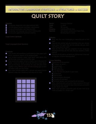©FranciscaSánchez,Revised2010
Interactive Classroom Strategies and Structures for SuccessInteractive Classroom Strategies and Structures for Success
153
Reflection
n	 What was the most challenging or rewarding part of this
task?
n	 How did this activity help you remember what you already
knew about the topic? How did this activity help you learn
new things about the topic?
n	 How did this task help you progress in your language
development? How did this task help you become a better
learner?
n	 How will you be able to use what you did/learned in this task
to help you in future learning tasks?
Process Debriefing
n	 Appreciation & Recognition
√	It helped me when . . .		
√	I appreciated . . .
√	Thank you for . . .			
√	I felt good when . . .
n	 Did you feel that the people in your class:
√	cooperated?
√	listened well?
√	communicated effectively?
√	included all members?
√	facilitated growth and learning for all members?
n	 What helped you/your group/the class succeed at the task?
What kept you/your group/the class from being as successful
as you would have liked?
n	 What might you/your group/the class try next time to be
more successful in a similar task?
Objectives
n	 To develop cooperative and organizational skills
n	 To build group inclusion and team cohesiveness
n	 To use communication and listening skills
n	 To develop oral language and critical thinking skills
n	 To structure application/synthesis/creativity
Target Content Standards
Target Language/Culture Standards
Procedures
n	 Each student will contribute a quilt block to a class paper quilt
which represents aspects of the assigned topic.
n	 Each student receives a blank “quilt block” upon which s/he
will illustrate some aspect of his/her topic.
n	 Only construction paper and glue may be used to illustrate the
blocks. A one-inch border should be left free on each block.
n	 Once all the blocks are completed, the class will piece them
together using different colors of book binding tape to form
the lattice strips and the border.
n	 Each class member works with a partner and learns his/her
partner’s story, then introduces that story to the class.
Source	 Francisca Sánchez
Grade	 3- Adult
Time	 90 minutes
Grouping	 Individual/Whole Class
Materials	 Quilt blocks; Construction Paper; Glue;
	 Binding Tape (2 colors)
quilt story
 