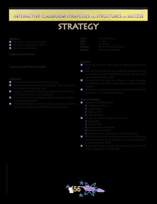 ©FranciscaSánchez,Revised2010
Interactive Classroom Strategies and Structures for SuccessInteractive Classroom Strategies and Structures for Success
156
Reflection
n	 What was the most challenging or rewarding part of this
task?
n	 How did this activity help you remember what you already
knew about the topic? How did this activity help you learn
new things about the topic?
n	 How did this task help you progress in your language
development? How did this task help you become a better
learner?
n	 How will you be able to use what you did/learned in this task
to help you in future learning tasks?
Process Debriefing
n	 Appreciation & Recognition
√	It helped me when . . .		
√	I appreciated . . .
√	Thank you for . . .			
√	I felt good when . . .
n	 Did you feel that the people in your class:
√	cooperated?
√	listened well?
√	communicated effectively?
√	included all members?
√	facilitated growth and learning for all members?
n	 What helped you/your group/the class succeed at the task?
What kept you/your group/the class from being as successful
as you would have liked?
n	 What might you/your group/the class try next time to be
more successful in a similar task?
Objectives
n	 To reflect on learning strategies
n	 To extend metacognitive skills
n	 To structure debriefing
Target Content Standards
Target Language/Culture Standards
Procedures
n	 Teacher has students work in small groups.
n	 Each group brainstorms all the strategies they have used to
accomplish their learning task.
n	 Using a round-robin format, the groups share their brain-
storming, and a class list is developed.
n	 Each group selects a strategy at which the group members
are particularly skilled.
n	 The group prepares a “How To” guide to help other students
utilize this strategy more effectively and strategically.
Source	 Francisca Sánchez
Grade	 3 - Adult
Time		 40 minutes
Grouping	 Whole Class & Small Group
Materials	 Butcher Paper, Markers
strategy
 