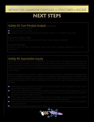©FranciscaSánchez,Revised2010
166
Interactive Classroom Strategies and Structures for SuccessInteractive Classroom Strategies and Structures for Success
Activity #6: Appreciative Inquiry
Appreciative Inquiry is a process and philosophy that assumes that in any system there are things that
work and that we should focus on using these as a foundation to build and create the future we want. The
process focuses the conversation on identifying what’s currently working, envisioning a future that builds on
that success, looking at all the structures and procedures that would support such a future, and developing
a way forward.
Now, form small groups, and select a facilitator to lead you through the Appreciative Inquiry questions.
Select a timekeeper to make sure you address all the questions. Encourage everyone to contribute to the
conversation that will provide us with a way into thinking more clearly about how we can create quality
programs for English Learners. Where appropriate, remind each other about what you have learned from
this book.
n	 Thinking about your experience with English Learners and English Learner programs in your school/
district, what have been the high points?
n	 What is it you appreciate/value most about English Learners and English Learner 	programs in your
school/district? Where are the seeds/glimmers of hope, waiting to be nurtured? Where’s the passion in
the system that serves English Learners?
n	 What is it you want for the future of English Learners and English Learner programs in your school/
district? What should be in place? What should exist? (Envision what might be.)
n	 How can we build upon the seeds of what is already working in our system to create the future we desire
for English Learners?
n	 How will we measure our progress and success?
next steps
Activity #5: Core Principle Analysis (continued)
Step Six: Celebrate & Protect
n 	 Go back through the ratings.
n 	 Compile a list of all those characteristics that were marked as a “strength” of the school.
Step Seven: Assess & Align
Compile a list of all those characteristics which were marked “works in progress”.
Step Eight: Dialogue
Compile a list of all those characteristics about which there is general agreement that it “isn’t
happening”.
 
