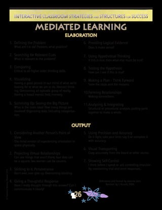 ©FranciscaSánchez,Revised2010
26
Interactive Classroom Strategies and Structures for SuccessInteractive Classroom Strategies and Structures for Success
mediated learning
1. 	Defining the Problem
	 What am I to do? Problem, what problem?
2.	 Searching for Relevant Cues
	 What is relevant to the problem?
3.	 Comparing
	 Critical to all higher order thinking skills.
4.	 Visualizing
	 Having a good picture in our mind of what we’re
looking for or what we are to do. Abstract think-
ing. Overcoming an episodic grasp of reality.
Having a broad mental field, memory.
5.	 Summing Up: Seeing the Big Picture
	 What is the main idea? How many things are
involved? Organizing data. Including categoriza-
tion.
ELABORATION
6.	 Providing Logical Evidence
	 Does it make sense?
7.	 Using Hypothetical Thinking
	 If this is true, then what else must be true?
8.	 Testing the Hypothesis
	 How can I see if this is true?
9.	 Making a Plan - Think Forward
	 State the steps and the reasons.
10.	Forming Relationships
	 Making connections.
11.	Analyzing & Integrating
	 Structural or procedural analysis; putting parts
together to make a whole.
1. 	Considering Another Person’s Point of
View
	 The mind version of experiencing orientation in
space physically.
2.	 Projecting Virtual Relationships
	 Can see things that aren’t there; four dots can
be a square; two women can be cousins.
3.	 Sticking to It. Perseverance
	 Don’t ever, ever give up. Overcoming blocking.
4.	 Giving a Thoughtful Response
	 Have I really thought through this answer? Can I
communicate it clearly?
output
5.	 Using Precision and Accuracy
	 Do it right; take your time; say it or complete it
with accuracy.
6.	 Visual Transporting
	 Copy accurately from the board or other source.
7.	 Showing Self-Control
	 I think before I speak or act; controlling impulsiv-
ity; overcoming trial and error responses.
Definitions and format by Jeannie Zehr
Revision by J. Kinard, 2004
 
