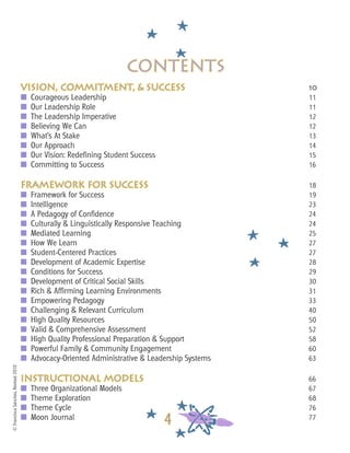 ©FranciscaSánchez,Revised2010
4
Vision, Commitment, & Success						 10
■	 Courageous Leadership										 11
■ 	Our Leadership Role											 11
■ 	The Leadership Imperative										 12
■ 	Believing We Can											 12
■ 	What’s At Stake												 13
■	 Our Approach												 14
■ 	Our Vision: Redefining Student Success								 15
■ 	Committing to Success										 16
	
framework for success								 18
■	 Framework for Success										 19
■	 Intelligence												 23
■	 A Pedagogy of Confidence										 24
■ 	Culturally & Linguistically Responsive Teaching							 24
■	 Mediated Learning											 25
■ 	How We Learn												 27
■ 	Student-Centered Practices										 27
■ 	Development of Academic Expertise								 28
■ 	Conditions for Success											 29
■ 	Development of Critical Social Skills									 30
■ 	Rich & Affirming Learning Environments								 31
■ 	Empowering Pedagogy										 33
■ 	Challenging & Relevant Curriculum									 40
■ 	High Quality Resources										 50
■ 	Valid & Comprehensive Assessment								 52
■ 	High Quality Professional Preparation & Support							 58
■ 	Powerful Family & Community Engagement							 60
■ 	Advocacy-Oriented Administrative & Leadership Systems					 63
		
instructional models									 66
■	 Three Organizational Models										 67
■ 	Theme Exploration											 68
■ 	Theme Cycle												 76
■ 	Moon Journal												 77
contents
 