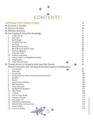 ©FranciscaSánchez,Revised2010
5
Interactive structures								 78
■	 Structures v. Activities											 79
■ 	Structure Template											 80
■ 	Reflection Questions											 81
■ 	Into: Tapping & Using Prior Knowledge								 82
1. 	 Lingo Line-Up											 83
2.	 Data Hunt		 	 	 	 	 	 	 	 	 	 	 84
3.	 Silent Mingle												 85
4.	 Proverb Connection											 86
5.	 Tea Party												 87
6.	 What We Know Charts										 88
7.	 What We Know Books & Tapes									 89
8.	 Semantic Mapping											 90
9.	 Think Pair Share											 91
10.	 Guided Conversation											 92
11.	 Totems, Taboos, and Repetitive Interaction								 93
12.	 Imaginization											 94
13.	 Power Brainstorming										 95
■ 	Through: Access to Comprehensible Input/Key Content, 					 96
	 Personal Interaction with Text/Topic, & Divergent Experiences/Applications
1. 	 Four Corners												 98
2.	 Video Quiz												 99
3.	 Tag the Gap												 100
4.	 Survey, Question, Predict, Read, Respond, Summarize						 101
5.	 Pyramid												 102
6.	 Big Art												 103
7.	 Long Sentence Writing										 104
8.	 Real Vocabulary											 105
9.	 Ticket Champion											 106
9.	 Big Words for Big Minds										 107
10.	 Story Charts												 108
11.	 T-Charts												 109
12.	 Fact or Fiction Books											 110
13.	 Literature Selection											 111
14.	 Pop Culture 101											 112
15.	 Proverbial Interpretations										 113
16.	 What We Want to Know Charts									 114
17.	 Center Studies											 115
18.	 Literature Studies											 116
contents
 