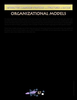 ©FranciscaSánchez,Revised2010
67
Interactive Classroom Strategies and Structures for SuccessInteractive Classroom Strategies and Structures for Success
It’s extremely helpful to pay attention to how we organize the content and its study. For example, you might use
one of the three organizational models described in this section. Theme exploration is my own model; theme cycle
comes from Kevin Clark; and moon journal is adapted from Lisa Tanikawa-Brown and is based on the book Moon
Journal. For each of these, I provide you with a sample of how the model might play out with specific content.
These three models actually use as their base the sorts of interactive structures discussed in the next section of
this book. All three of these models use an INTO, THROUGH, and BEYOND cyclical organization, although it’s more
explicit in one of the models than in the other two.
organizational models
 