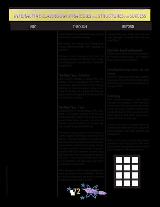 ©FranciscaSánchez,Revised2010
72
Interactive Classroom Strategies and Structures for SuccessInteractive Classroom Strategies and Structures for Success
INTO THROUGH BEYOND
of the reading. The presentations are shared,
and then all students analyze:
How is/was the concept of a family/com-
munity different/similar from reading to
reading?
Students could compare/contrast, for
example, concepts of “family” from indig-
enous/European, male/female, child/adult
perspectives.
Two-Way Task - Timeline
Each student receives a paper strip con-
taining a line or paragraph that refers to
a particular aspect or event of the reading
(literature or content reading). Students ar-
range themselves in a line so that they are
sequencedaccordingtotheeventsdescribed
in their strips of paper.
Two-Way Task - Clue
Students work in small groups of 4-6 stu-
dents. Each group receives a set of clues
writtenonstripsofpaper. Thegroupmonitor
passes these clues to group members at
random so each student has at least one
clue and all clues are distributed.
The task for each group is to complete a
chart or table of information provided by the
teacher. This chart, as well as the clues, deal
withinformationaboutthenatureoffamilies/
communities over time in the target culture.
The clues reveal the information needed to
complete the chart; however, students may
only read their clues to the group or discuss
the clues. They may not show their clues
to one another, nor may they pass them
physically to one another.
When the group feels it has completed the
chart, an answer key is provided. If there
are any discrepancies, the group attempts
to determine how they occurred.
salvage from your home. You can only
take what you can carry. What will you
take? Why?
Extended Reading/Research
Studentsexploreotherstoriesand aspects
of families/communities and prepare
class or group presentations.
Families/Communities of the
Future
Students create dramatic skits, posters,
essays,poems,etc.thatdescribethetypes
of families/communities that will exist in
the year 2050.
Quilt Story
Each student prepares a quilt square
representing an aspect of their family or
community. The quilt squares are made
using torn paper pasted or glued onto
cardstock squares. The squares are then
taped together with lattice strips and a
border of cloth or vinyl tape.
Studentsthenwriteanessayorpoemthat
explains/describes their quilt square. In
pairs, students share their squares and
essay/poem.
When all the squares have been pieced
together to form the quilt, for their class
presentation, the partners present each
other’s squares and essays/poems.
 