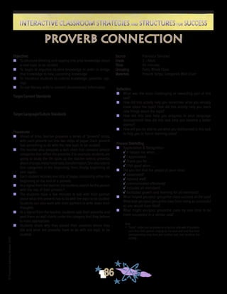 ©FranciscaSánchez,Revised2010
Interactive Classroom Strategies and Structures for SuccessInteractive Classroom Strategies and Structures for Success
86
Reflection
n	 What was the most challenging or rewarding part of this
task?
n	 How did this activity help you remember what you already
knew about the topic? How did this activity help you learn
new things about the topic?
n	 How did this task help you progress in your language
development? How did this task help you become a better
learner?
n	 How will you be able to use what you did/learned in this task
to help you in future learning tasks?
Process Debriefing
n	 Appreciation & Recognition
√	It helped me when . . .		
√	I appreciated . . .
√	Thank you for . . .			
√	I felt good when . . .
n	 Did you feel that the people in your class:
√	cooperated?
√	listened well?
√	communicated effectively?
√	included all members?
√	facilitated growth and learning for all members?
n	 What helped you/your group/the class succeed at the task?
What kept you/your group/the class from being as successful
as you would have liked?
n	 What might you/your group/the class try next time to be
more successful in a similar task?
Objectives
n	 To structure thinking and tapping into prior knowledge about
a new topic to be studied
n	 To begin to organize student knowledge in order to bridge
that knowledge to new, upcoming knowledge
n	 To introduce students to cultural knowledge: proverbs, say-
ings
n	 To use literacy skills to connect disconnected information
Target Content Standards
Target Language/Culture Standards
Procedures
n	 Ahead of time, teacher prepares a series of “proverb” strips,
with each proverb cut into two strips of paper. Each proverb
has something to do with the new topic to be studied.
n	 The teacher also prepares a wall chart that contains several
categories that reflect the proverbs. (For example, students are
going to study the life cycle, so the teacher selects proverbs
aboutchange,metamorphosis,transformation.Shealsoselects
four categories: in the beginning; then; finally; beginning all
over again.
n	 Each student receives one strip of paper, containing either the
beginning or the end of a proverb.
n	 At a signal from the teacher, the students search for the person
with the rest of their proverb.*
n	 The students have a few minutes to talk with their partner
about what this proverb has to do with the topic to be studied.
Students can also work with their partners to write down their
thoughts.
n	 At a signal from the teacher, students take their proverbs and
post them on wall charts under the category that they believe
is most appropriate.
n	 Students share why they placed their proverbs where they
did and what the proverbs have to do with the topic to be
studied.
Source	 Francisca Sánchez
Grade	 3 - Adult
Time	 45 minutes
Grouping	 Pairs; Whole Class
Materials	 Proverb Strips; Categories Wall Chart
proverb connection
Note
*	 “Extra” strips can be posted on a back or side wall. If students
can’t find their partner, they go to the back wall and find their
corresponding strip, then join another pair and continue the
activity.
 