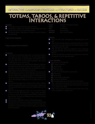 ©FranciscaSánchez,Revised2010
Interactive Classroom Strategies and Structures for SuccessInteractive Classroom Strategies and Structures for Success
93
Reflection
n	 What was the most challenging or rewarding part of this
task?
n	 How did this activity help you remember what you already
knew about the topic? How did this activity help you learn
new things about the topic?
n	 How did this task help you progress in your language
development? How did this task help you become a better
learner?
n	 How will you be able to use what you did/learned in this task
to help you in future learning tasks?
Process Debriefing
n	 Appreciation & Recognition
√	It helped me when . . .		
√	I appreciated . . .
√	Thank you for . . .			
√	I felt good when . . .
n	 Did you feel that the people in your class:
√	cooperated?
√	listened well?
√	communicated effectively?
√	included all members?
√	facilitated growth and learning for all members?
n	 What helped you/your group/the class succeed at the task?
What kept you/your group/the class from being as successful
as you would have liked?
n	 What might you/your group/the class try next time to be
more successful in a similar task?
totems, taboos, & repetitive
interactions
Objectives
n	 To identify priority values for a group or team
n	 To develop a deeper and shared understanding about the
specific behaviors that model those values
n	 To develop deeper awareness of students’ roles as leaders
and advocates
Target Content Standards
Target Language/Culture Standards
Procedures
n	 The teacher or other adult works with a small group or team
and helps the team to identify a set of values that express
how the team wants to work together and with the rest of
the class, with other students/student groups in the school,
or with groups in the community.
n	 The teacher/facilitator then starts with the highest priority item
and writes it at the top of a sheet of flip chart paper. Then s/
he draws 3 columns and head them as follows from left to
right: Totems, Taboos, Repetitive Interactions.
n	 Starting with the column marked Repetitive Interactions, the
teacher/facilitator asks: If we are actually living this value, what
behaviors will we be repeatedly engaging in? What behaviors
will we see being repeated in the group that manifests this
value? The facilitator writes up to ten of these items in the
column.
n	 The teacher/facilitator then moves to the column marked
Taboos and asks: What behaviors do we want to stamp out?
The teacher/facilitator writes up to ten of these items in the
column.
n	 Now the teacher/facilitator moves to the column marked
Totems and asks: What evidence or signs would we expect
to see as a result of us ‘living the value’? What would be the
likely effects? The teacher/facilitator writes up to ten of these
items in the column.
n	 The process is repeated for each of the priority values.
n	 The team then discusses any insights that emerged about (a)
the group’s values and any connections between values and
behaviors; and (b) their role as student leaders and advocates
for (social) justice.
Source	 Adapted from Steve Zuieback
Grade	 5 - Adult
Time	 45 minutes
Grouping	 Small Groups
Materials	 Chart Paper, Markers
 
