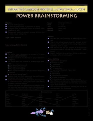 ©FranciscaSánchez,Revised2010
Interactive Classroom Strategies and Structures for SuccessInteractive Classroom Strategies and Structures for Success
95
Reflection
n	 What was the most challenging or rewarding part of this
task?
n	 How did this activity help you remember what you already
knew about the topic? How did this activity help you learn
new things about the topic?
n	 How did this task help you progress in your language
development? How did this task help you become a better
learner?
n	 How will you be able to use what you did/learned in this task
to help you in future learning tasks?
Process Debriefing
n	 Appreciation & Recognition
√	It helped me when . . .		
√	I appreciated . . .
√	Thank you for . . .			
√	I felt good when . . .
n	 Did you feel that the people in your class:
√	cooperated?
√	listened well?
√	communicated effectively?
√	included all members?
√	facilitated growth and learning for all members?
n	 What helped you/your group/the class succeed at the task?
What kept you/your group/the class from being as successful
as you would have liked?
n	 What might you/your group/the class try next time to be
more successful in a similar task?
power brainstorming
Objectives
n	 To excite the imagination
n	 To produce plenty of ideas in preparation for writing
n	 To provide more in depth word choices for students before
they begin to write
n	 To encourage students to use poetic language in their writing
to create texture and layering
Target Content Standards
Target Language/Culture Standards
Procedures
n	 The teacher draws a large square or rectangle on the board
and labels it BRAINSTORM BOX.
n	 S/he announces to the class that they are going to brainstorm
as a group.
n	 The teacher then asks students for answers to five ques-
tions:
√ What is your favorite animal?
√ What is your favorite gem?
√ What is your favorite bird?
√ What is your favorite item in nature outside of the animal
kingdom?
	 √ What is your favorite flower?
n 	 Students must limit their responses to one-word answers,
and answer only one time per question.
n 	 As the students respond, the teacher writes their responses
in the BRAINSTORM BOX, keeping the answers to the different
questions in separate columns.
	 Students link words from different columns together to cre-
ate texture and layering effects in their writing, for example
moonstone mountain, emerald pond, and sapphire heron.
Source	 Glenis Gale Redmond
Grade	 4 - Adult
Time	 45 minutes
Grouping	 Whole Class
Materials	 None
Brainstorm Box
tiger
koala
lion
rabbit
duck
stallion
mouse
turquoise
amethyst
diamond
ruby
pearl
jade
sapphire
hawk
eagle	
heron
crow
woodpecker
swan
pigeon
river
stars
mountain
lake
fire
cliff
leaves
pansy
lily
violet
carnation
orchid
sunflower
rose
 
