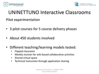 UNINETTUNO Interactive Classrooms
Interactive Class System in UNINETTUNO
Course Delivery Model
Pilot experimentation
• 3 p...